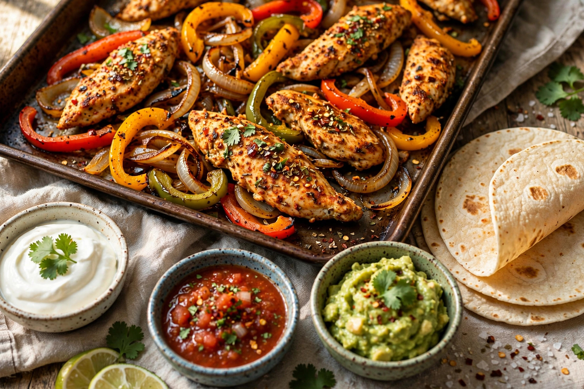 Fajitas au poulet sur la plaque accompagnés de garnitures