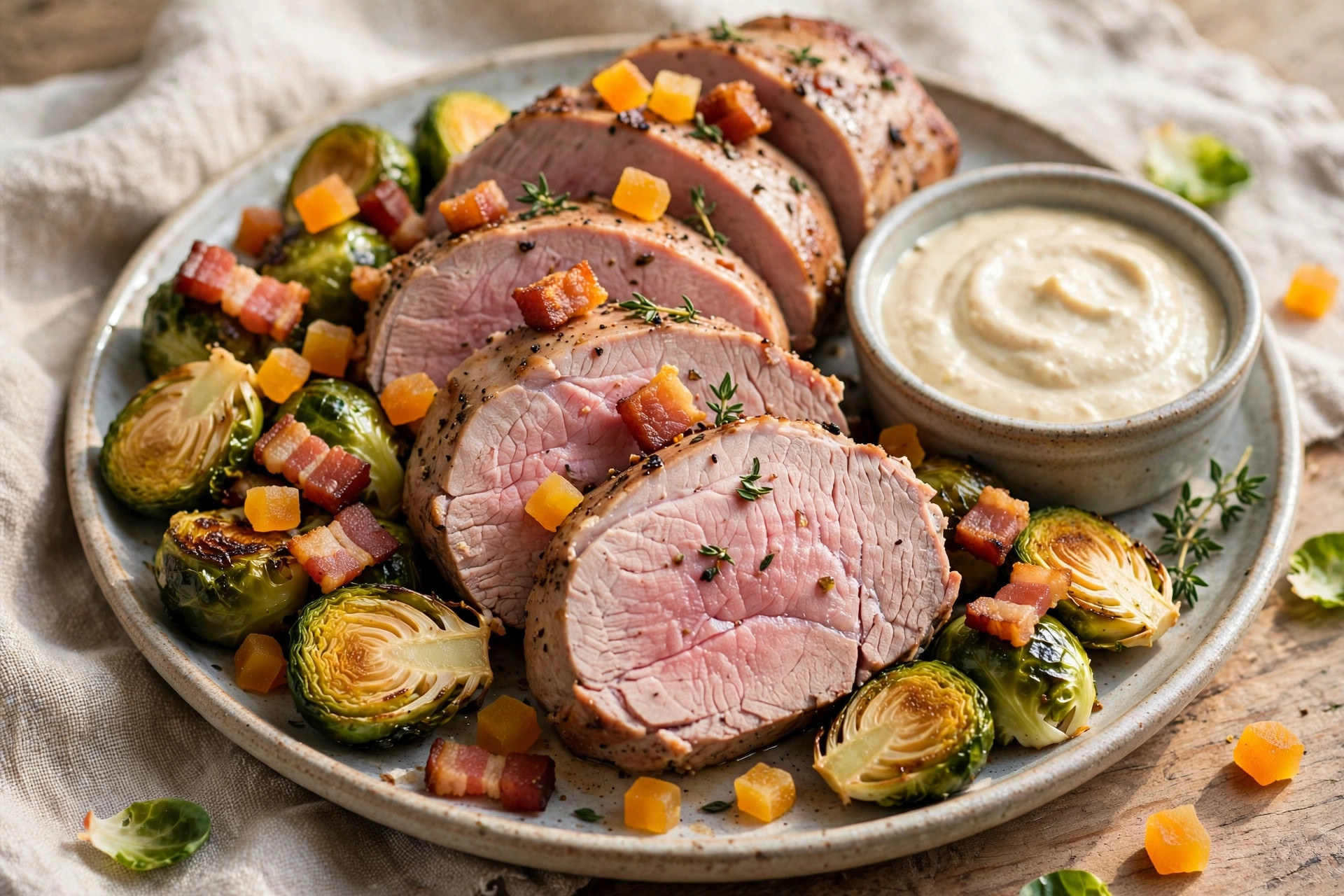 Filets de porc et choux de Bruxelles rôtis