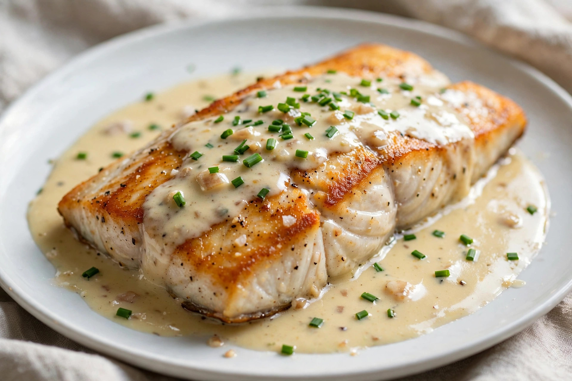 Flétan, sauce crème au vin blanc