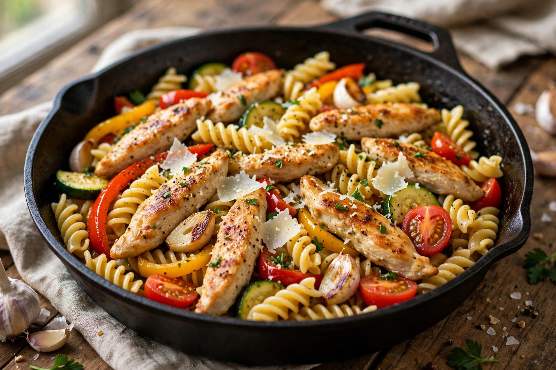 Fusilli au poulet et légumes sautés à l'ail
