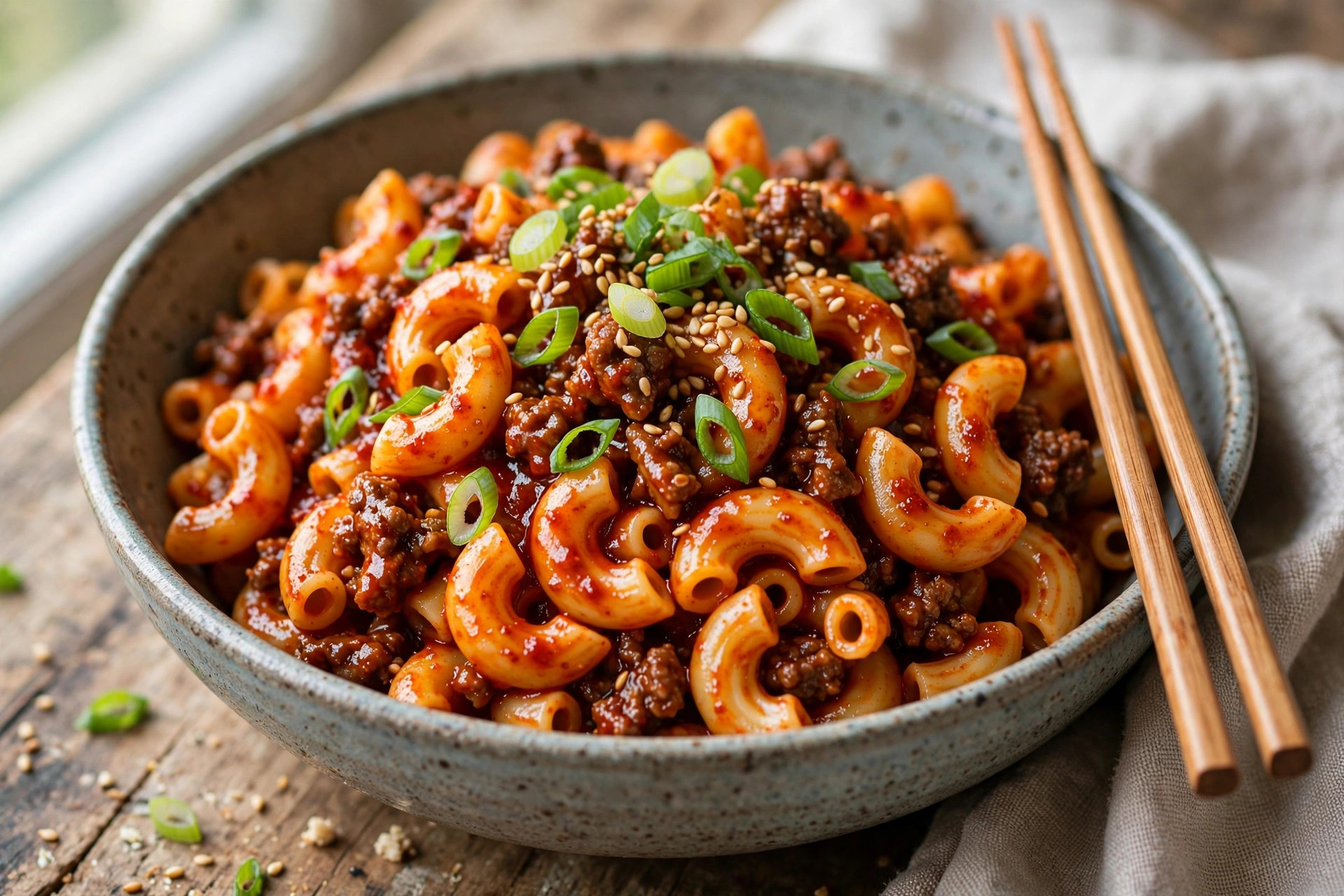 Macaronis au bœuf et au gochujang