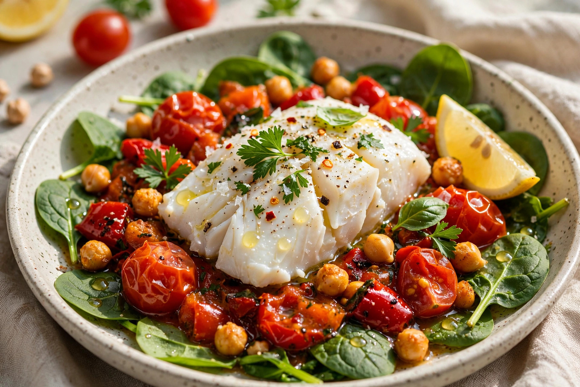Morue en sauce de poivrons, tomates & pois chiches