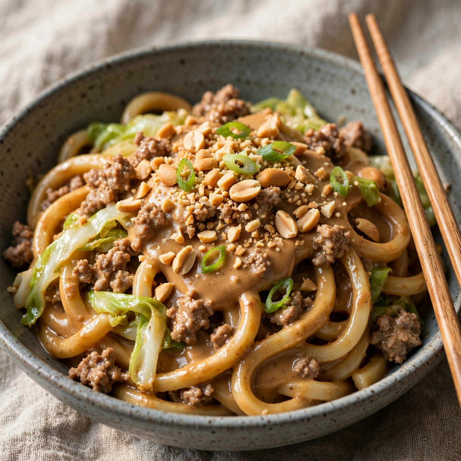 Nouilles udon au porc et aux arachides