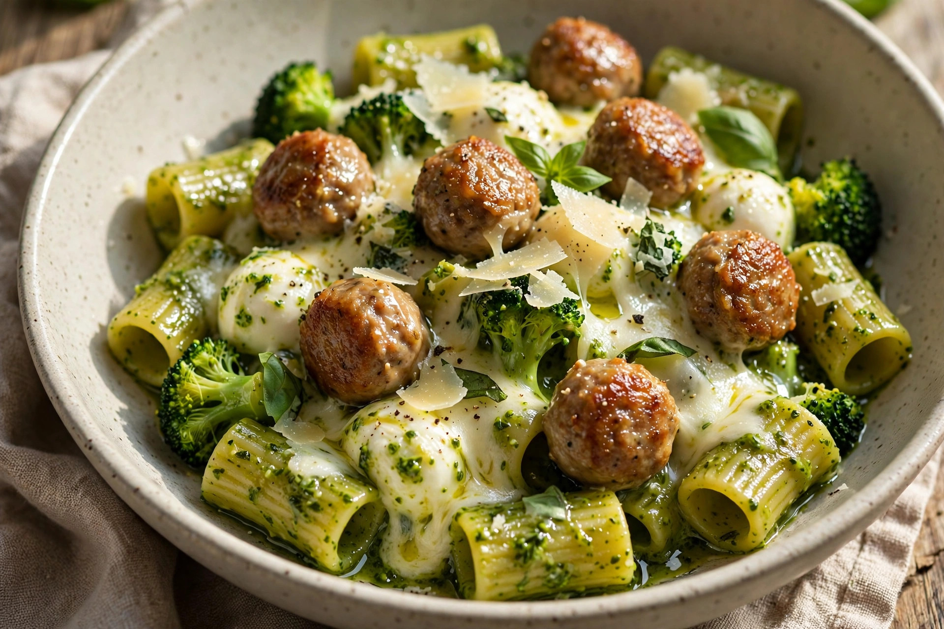 Pâtes au pesto de brocoli, aux boulettes de saucisses et aux bocconcinis