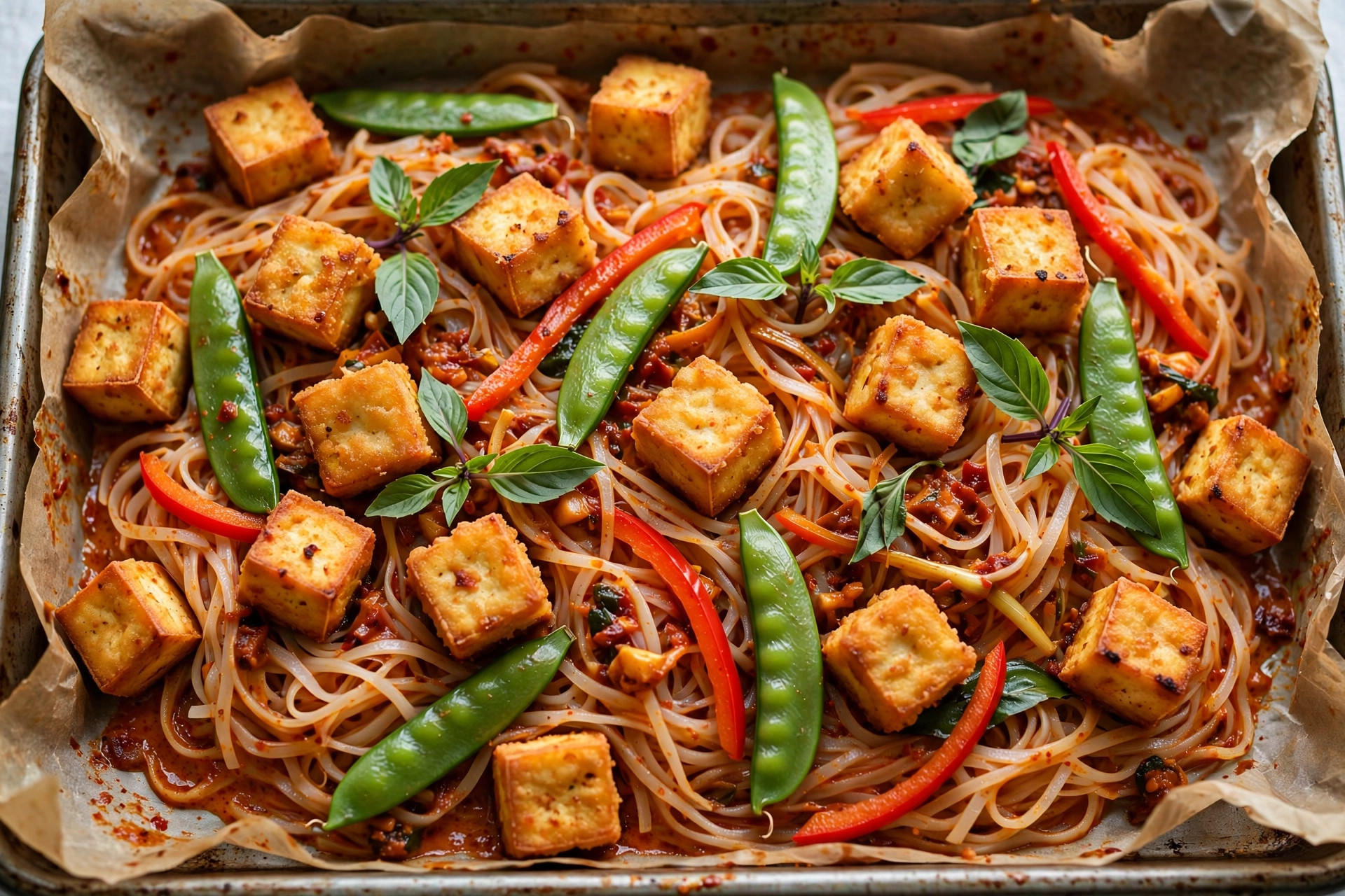 Plaque de tofu croustillant et de nouilles au cari rouge