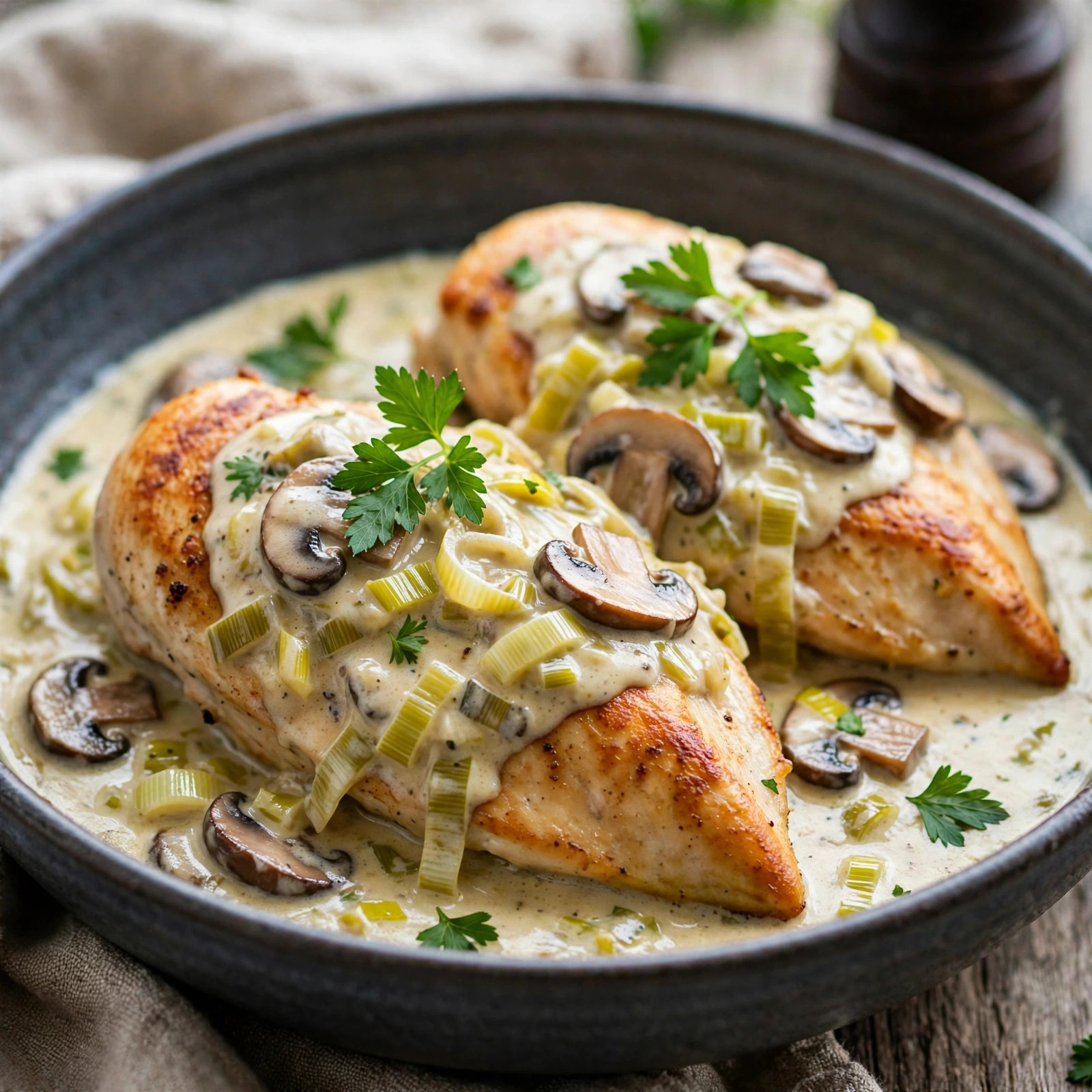 Poulet, sauce crémeuse aux poireaux et aux champignons