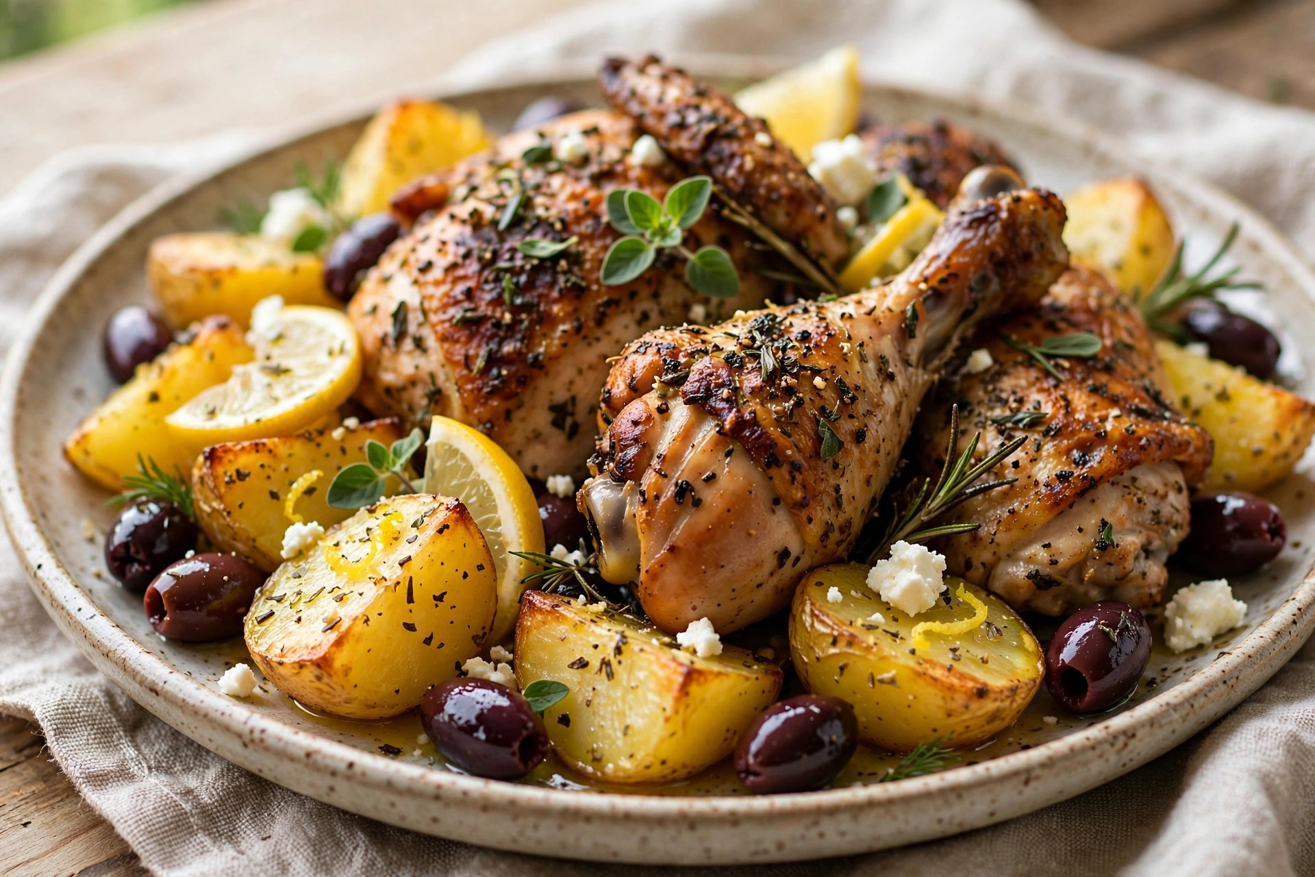 Poulet à la grecque, patates citronnées