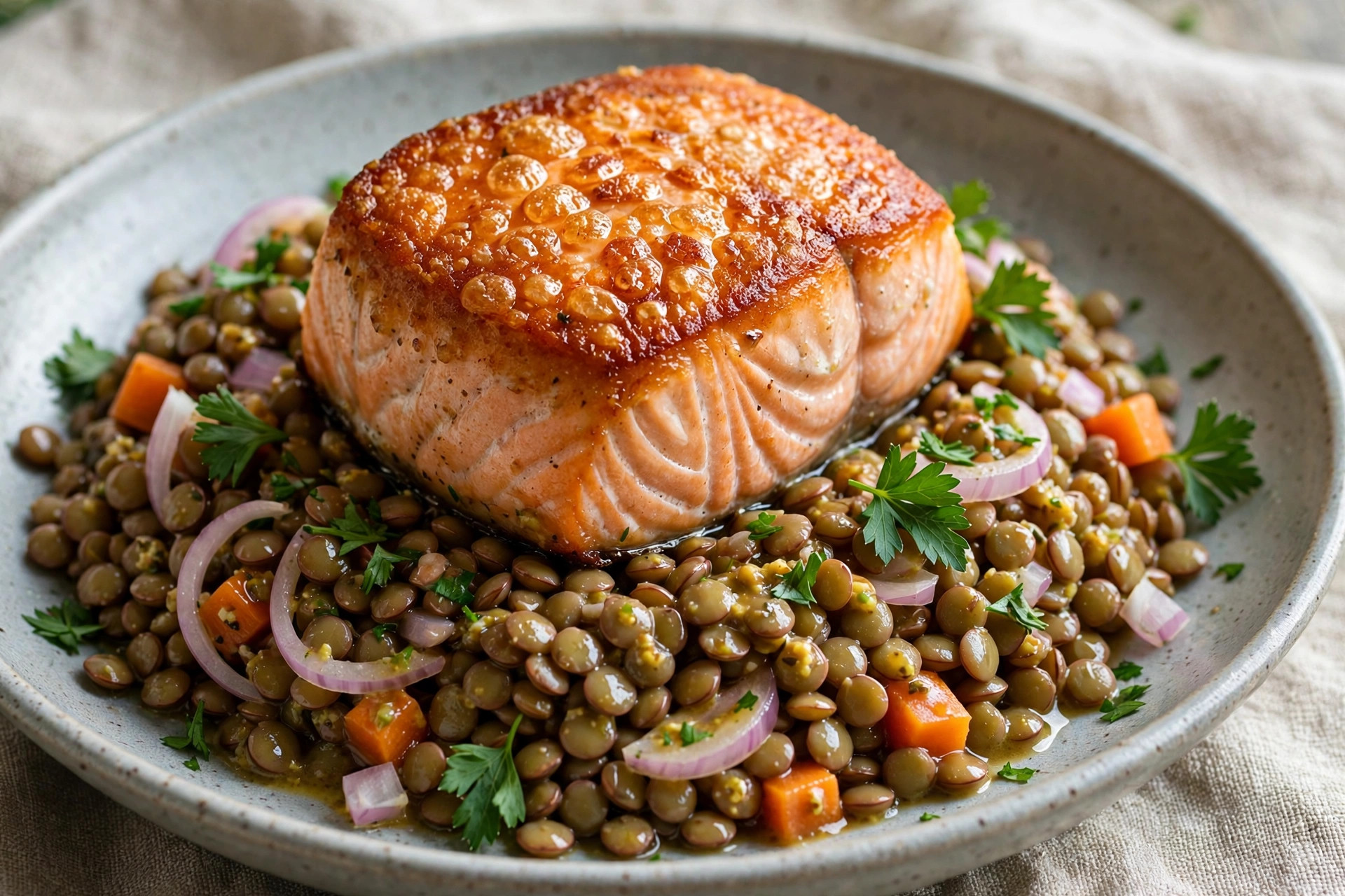 Saumon croustillant avec salade tiède de lentilles françaises