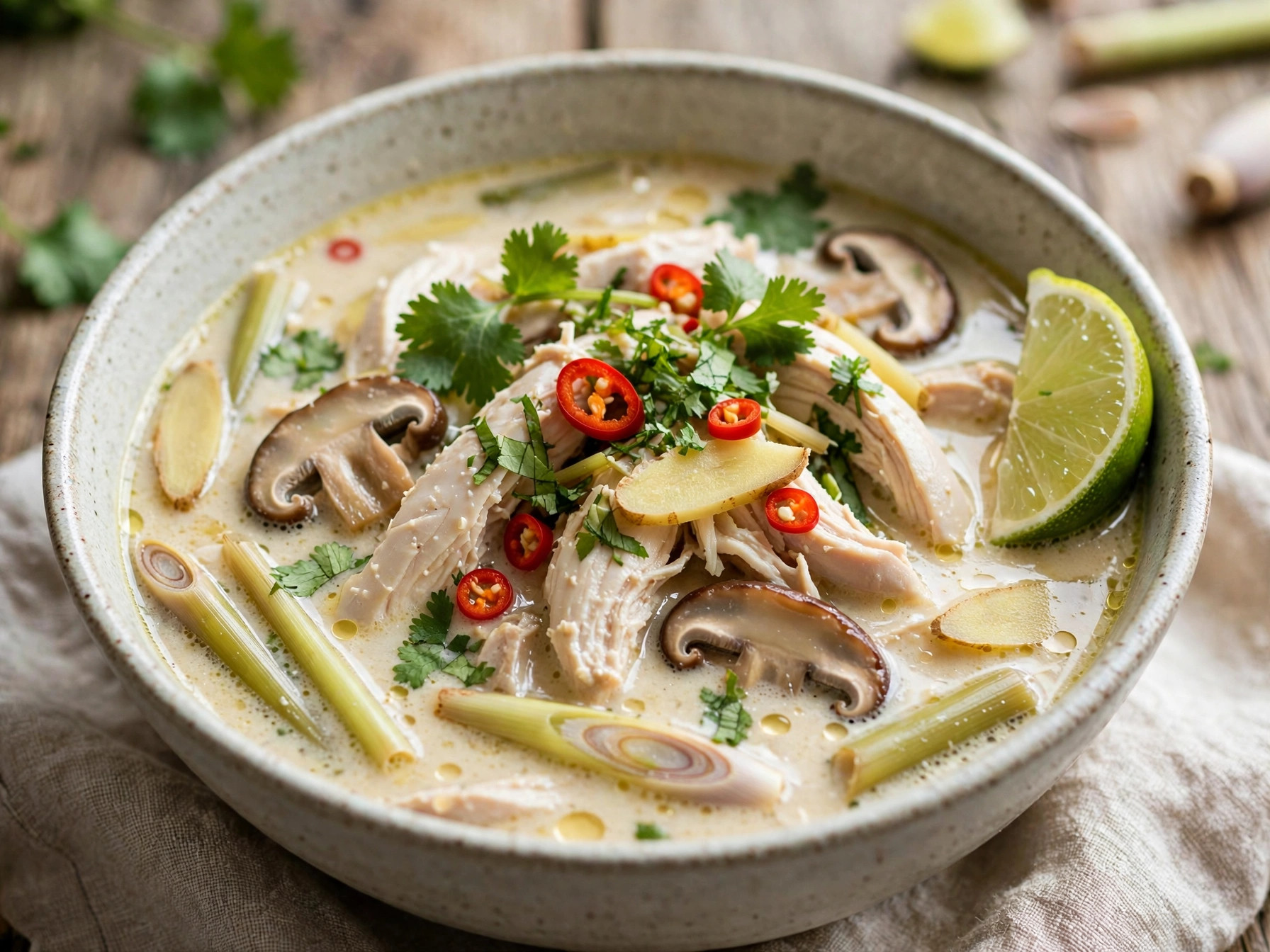 Soupe thaïe au poulet et lait de coco
